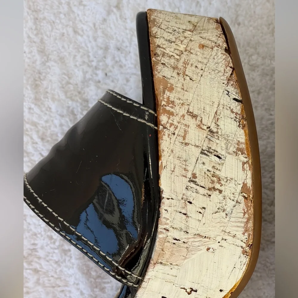 Prada Block Heels Black Patent Leather Cork Platform Slides Size EU 39.5 US 9.5